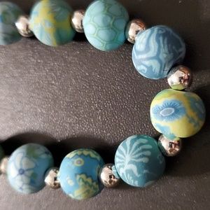 Jilzarah Premium Clay Blue Painted  Beaded Necklace With Silver Beads